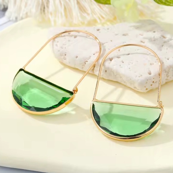 Anthropologie Light Green Glass Crescent Hoop Gold Earrings - Picture 3 of 6